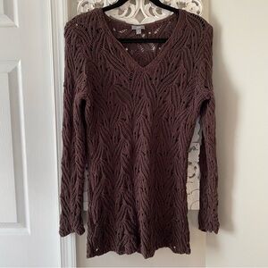 J. Jill Open Net V-Neck Sweater  Mocha Mousse Boho Lagenlook Neutral Sz M